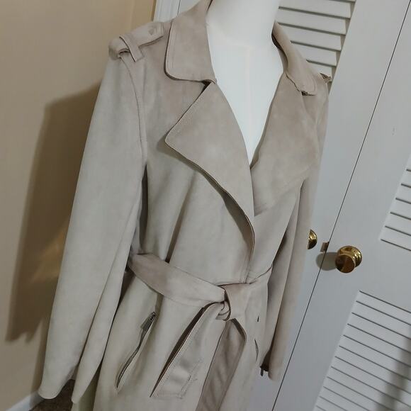 Magaschoni Large Faux Leather/Suede Beige Wrap Trench Coat Mid-Weight SOFT - Picture 1 of 13